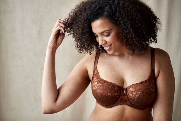 Studio Shot Of Confident Natural Woman In Underwear Promoting Body Positivity - Photo, image