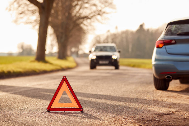 Hazard Warning Triangle Sign Warning Of Car Breakdown On Country Road - Photo, Image