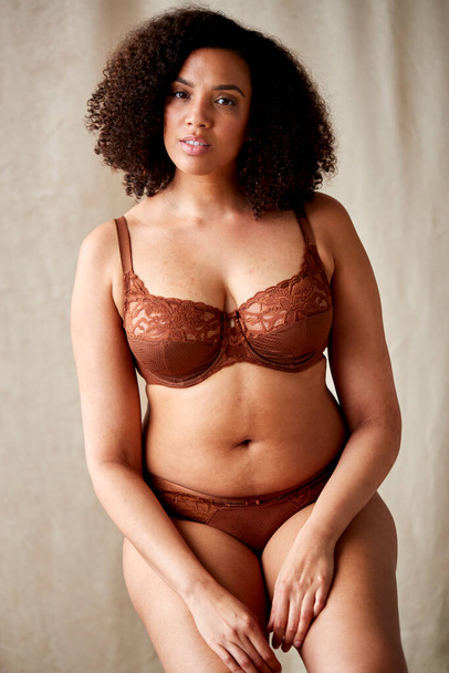 Studio Portrait Shot Of Confident Natural Woman In Underwear Promoting Body Positivity - Photo, image