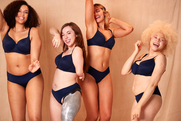 Group Of Diverse Women Friends One With Prosthetic Limb In Underwear Promoting Body Positivity - Photo, Image