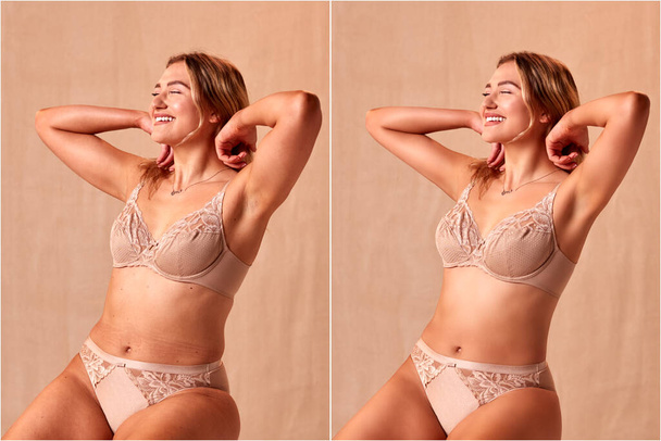 Yhdistetty laukaus Näytetään valokuva nainen alusvaatteet ennen ja jälkeen Retouching - Valokuva, kuva