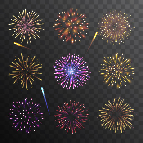 Vector set of colorful fireworks on dark background - Vector, Image