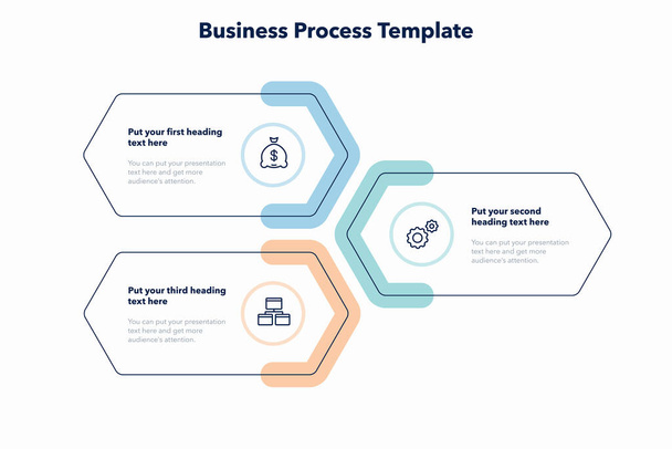 Eenvoudige business process template met drie kleurrijke stadia. Slide voor zakelijke presentatie. - Vector, afbeelding