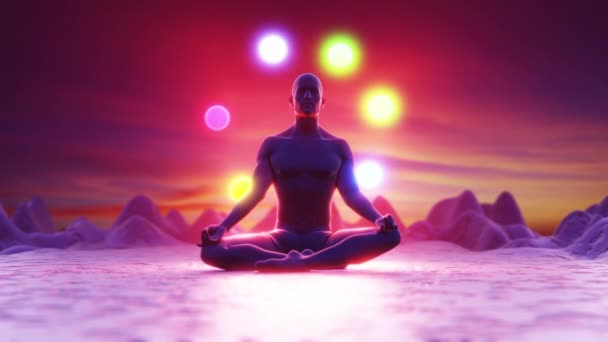 İnsan şafakta lotus pozisyonunda meditasyon yapıyor. Renkli çakralar. Yoga, zen, Budizm, iyileşme, din, sağlık ve sağlık konsepti. 3d canlandırma - Video, Çekim