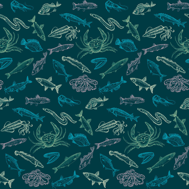 Art seamless graphic green pattern with fish, vector sketch style hand drawn illustration suitable for textile or web backdrop - Vector, Image