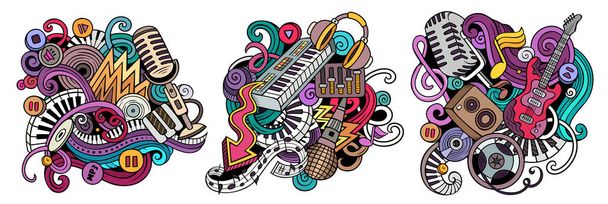 Disco music cartoon raster doodle design set. Kolorowe kompozycje szczegółowe z mnóstwem obiektów muzycznych i symboli. - Zdjęcie, obraz