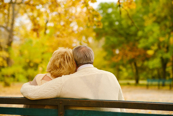 Back view of senior para siedzi na ławce w parku razem ciesząc się emeryturą - Zdjęcie, obraz