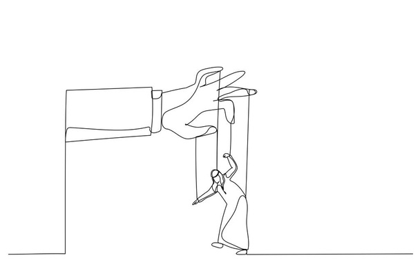 Cartoon van Arabier man als een marionet gecontroleerd. Styl met enkelvoudige continue lijn - Vector, afbeelding
