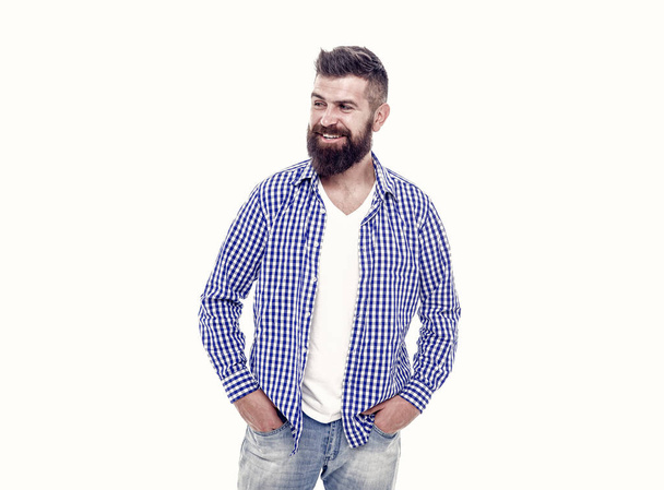Cool and sexy. mature male has happiness on face. amazement. hipster smiling. cheerful bearded man in casual checkered shirt. caucasian guy with beard and mustache isolated on white. - Fotografie, Obrázek