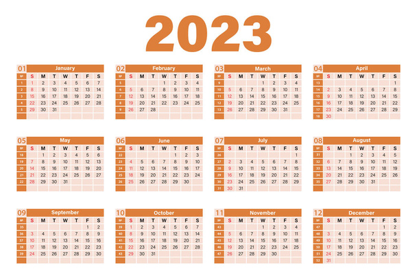 Υπόδειγμα του ετήσιου ημερολογίου για το 2023. Η εβδομάδα αρχίζει την Κυριακή. Εικονογράφηση διάνυσμα του ημερολογιακού έτους 2023 του σχεδιαστή σε πορτοκαλί και ροζ τόνους. - Διάνυσμα, εικόνα