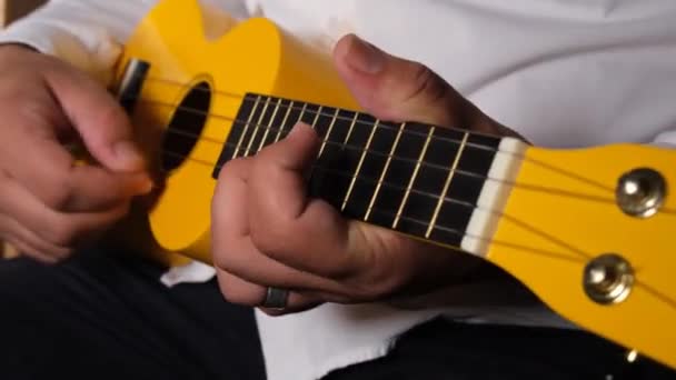 gra na ukulele, zbliżenie mężczyzna gra na ukulele, instrument muzyczny - Materiał filmowy, wideo