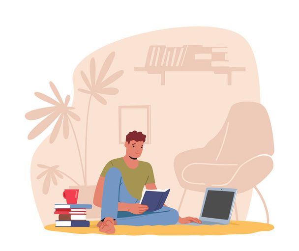 Απομακρυσμένη εργασία freelance, έννοια χώρο εργασίας στο σπίτι. Man Freelancer Sit on Floor with Coffee Cup and Pile of Books Δουλεύοντας ή μελετώντας σε Laptop, Character Work at Home. Εικονογράφηση διάνυσμα κινουμένων σχεδίων - Διάνυσμα, εικόνα