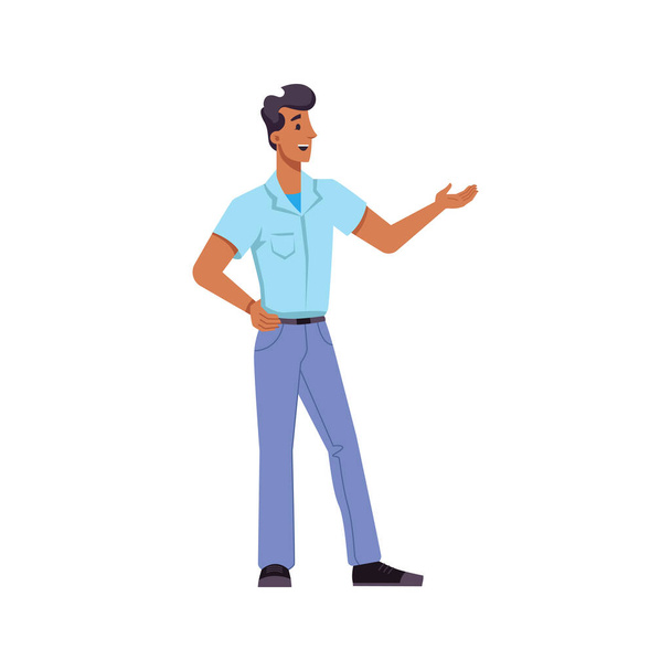 Presenter or guide talking and pointing aside, isolated personage working in museum on excursion. Exhibition or presentation. Flat cartoon character, vector in flat style - Vector, Image