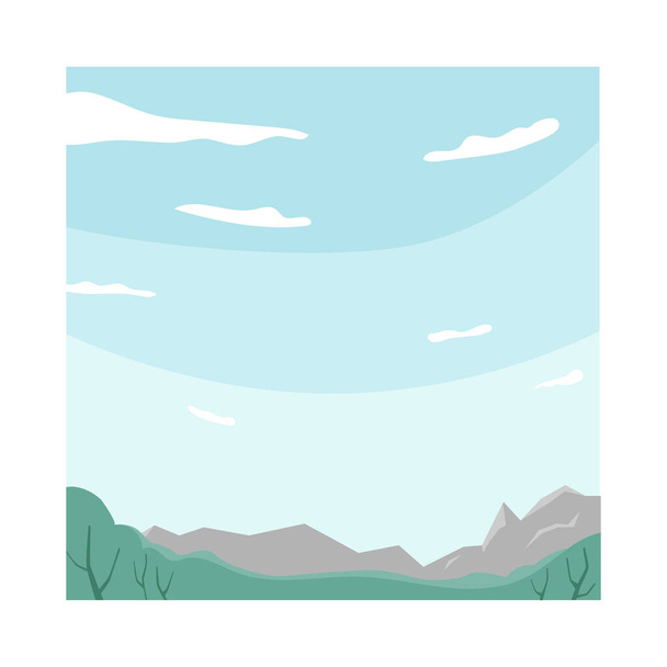 Morning sky with clouds and bluish tint. Landscape, nature scenery with mountains in distance. Resort or relax area for picnic. Vector in flat cartoon style - Vector, Image