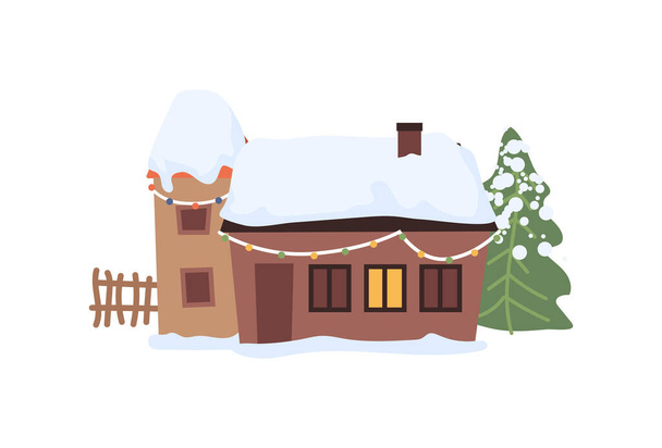 Christmas New Year winter village landscape element flat cartoon design icon. Vector cottage house and snow, fur trees and bushes, chalet decorated by garlands - Vektor, obrázek