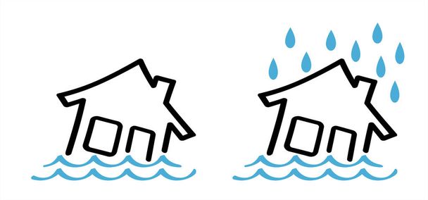 洪水の家、洪水自然災害。保険のアイコン。水の損傷を返します。家、ホームラインパターン。水漏れピクトグラム。建物の漏れ。安全第一。屋根の家を出る。雨と嵐. - ベクター画像