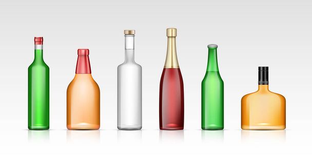 アルコール飲料ボトル、リアルな3Dモックアップテンプレート。ウォッカ、テキーラ、ウイスキー、コニャック、口縁部、アブサン、酒、バーボン、ワイン、シャンパン、ビールのパッケージ。ベクターイラスト - ベクター画像