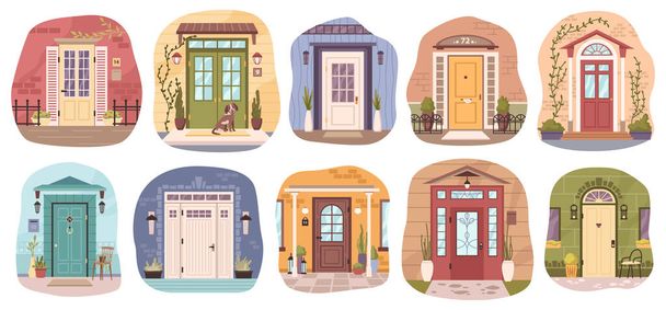 Doors of houses, isolated entrances of homes. Wooden and metal portals leading to residential building. Porches with houseplants and decor. Vector in flat style - Vector, Image