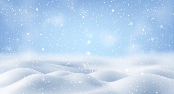 Naturalne zimowe tło Bożego Narodzenia z niebem, obfite opady śniegu, Wektor śniegu krajobraz z upadkiem Nowy Rok świecący piękny śnieg. Płatki śniegu w różnych kształtach i formach, zaspy śnieżne - Wektor, obraz