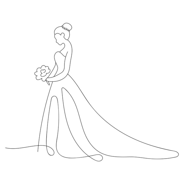 Braut eine Linie Kunstsymbol flache Vektorabbildung isoliert für Hochzeitseinladung. Braut-Ikone, Braut Silhouette Seitenansicht trägt ein Brautkleid. Durchgehende Linie von Hand gezeichnet - Vektor, Bild
