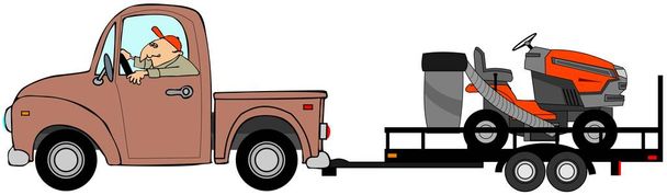 Illustration of a red pickup truck pulling a riding lawn mower on a flatbed trailer. - Photo, Image
