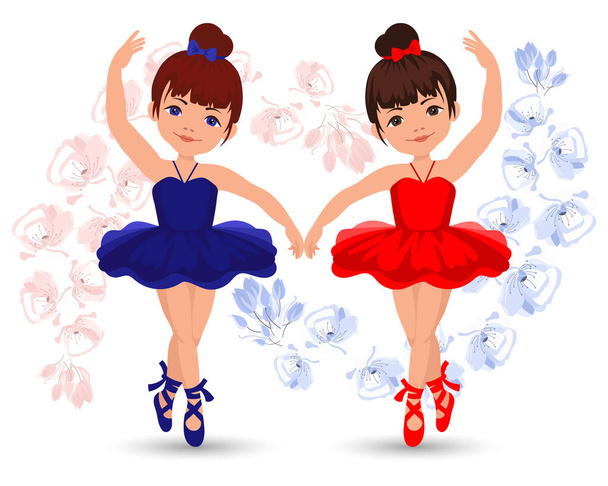 Een paar dansende meisjes ballerina 's in jurken en puntschoenen op een bloemige achtergrond. Illustratie, vector - Vector, afbeelding