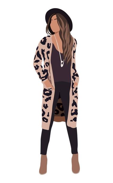 Beautiful girl in casual wear - hat and cardigan with animal print. Pretty woman wearing street fashion outfit. Trendy modern look. High quality hand drawn vector realistic illustration isolated. - Vector, Image