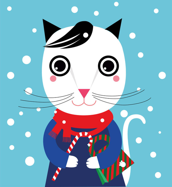 Un joli chat tient un cadeau de Noël. Il neige. - Vecteur, image