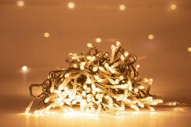 LED string lights. Party holiday christmas decoration lights. Close up christmas LED lighting - Photo, Image
