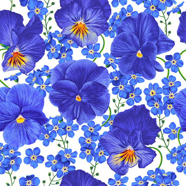 Seamless floral pattern in shades of blue. Realistic Pansies and Forget-me-nots. Designs for textiles, clothing, T-shirt prints. Template for postcards, posters, advertising banners - Vetor, Imagem