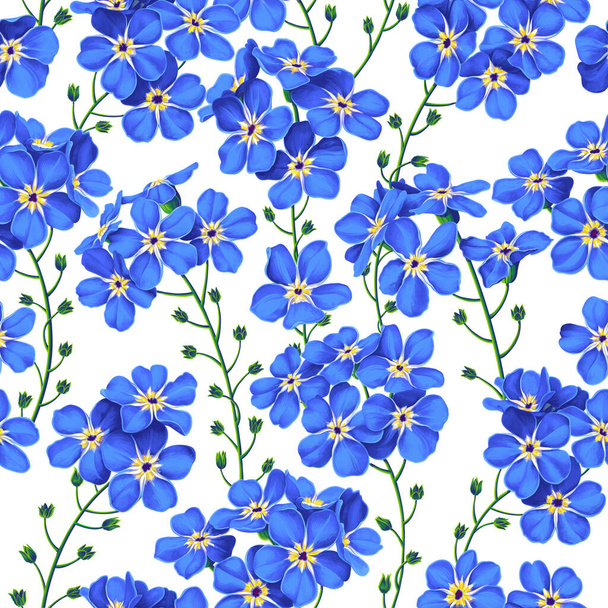Forget-me-nots in a seamless vector pattern. Realistic blue flowers on white background. Template for postcard, poster, banner, textile, clothing design, prints, computer wallpaper, pallets and phones - Vektor, kép