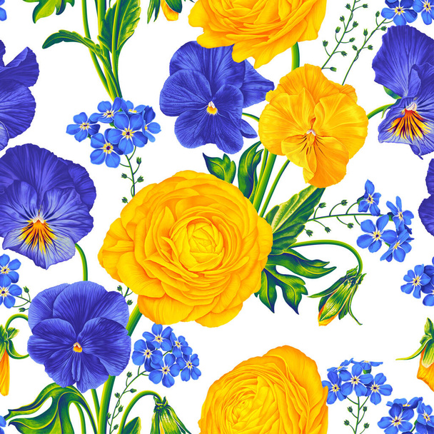 Floral seamless vector pattern. Ranunculus, blue and yellow pansies, forget-me-not hand-drawn realistic plants. Surface design of clothing, textiles, wallpaper, posters, postcards, social media banner - Wektor, obraz