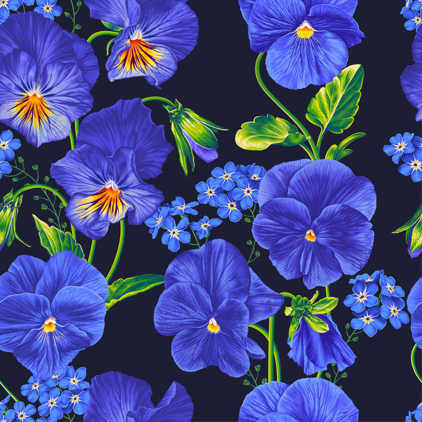 Vector floral pattern with blue flowers for your product design, cosmetics, greeting cards, gift wrapping, clothing, textiles, prints for clothes and more. Realistic vector pansies and forget-me-nots - Вектор,изображение