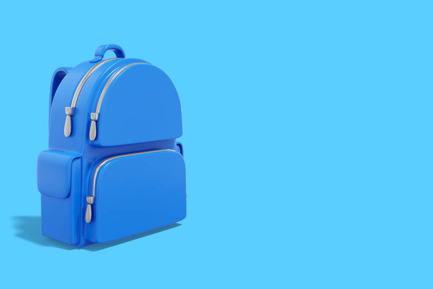 Realistic blue school city backpack on blue background with space for text. 3d rendering - Fotografie, Obrázek