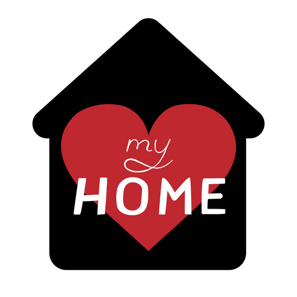 Simple black icon of house with heart and hand drawn text My home. Vector illustration - Vector, Image