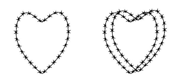 Cartoonl ove heart, valentine or valentines day  and rusty barbed wire. Wired or wires sign. For freedom or repression. Barbed icon fence idea. heart shape. Broken heart or romance - Vector, Image
