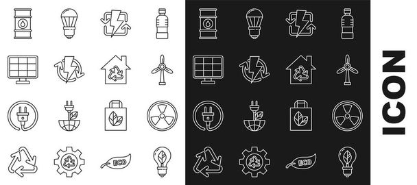 Aseta linja Lamppu lehtiä, Radioaktiivinen, Tuuliturbiini, Ladataan, Aurinkopaneeli, Öljy tynnyri linja ja Eco House kierrätys symboli kuvake. Vektori - Vektori, kuva