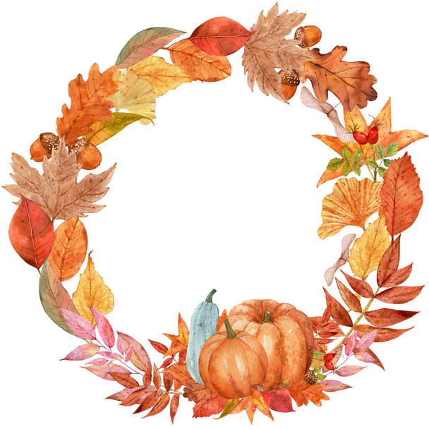 Watercolor Round autumn frame with pumpkin and leaves for cards, invitations, Thanksgiving and Halloween decor - Fotó, kép