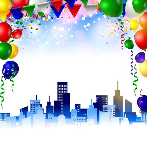 fundo de aniversário com balões e cidade
 - Vetor, Imagem