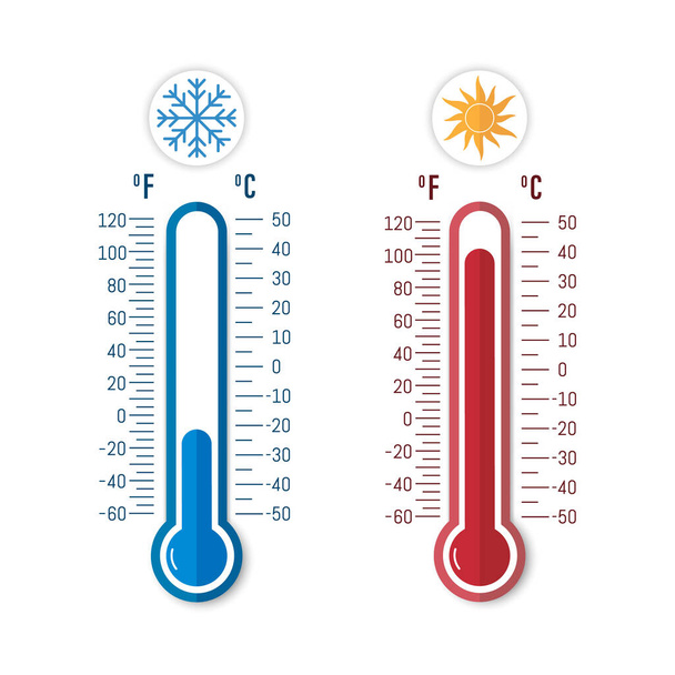 Κελσίου και Φαρενάιτ. Θερμόμετρο δείχνει θερμό ή κρύο αέρα. Απομονωμένη διανυσματική απεικόνιση. - Διάνυσμα, εικόνα