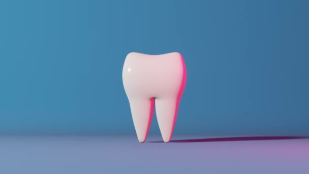 Diente molar sano blanco 3D animación lazo neón fondo azul claro. Esmalte blanqueamiento dentífrico eliminación de placa tártara Día Nacional del Dentista Extracción de dientes de sabiduría. - Metraje, vídeo