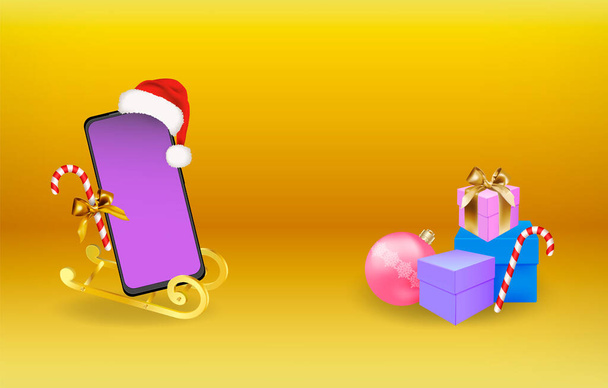 Feliz fundo de Natal com caixas de presente, telefone móvel ou smartphone mockup com chapéu de Papai Noel, cana-de-açúcar em um trenó dourado. Ilustração vetorial editável. - Vetor, Imagem