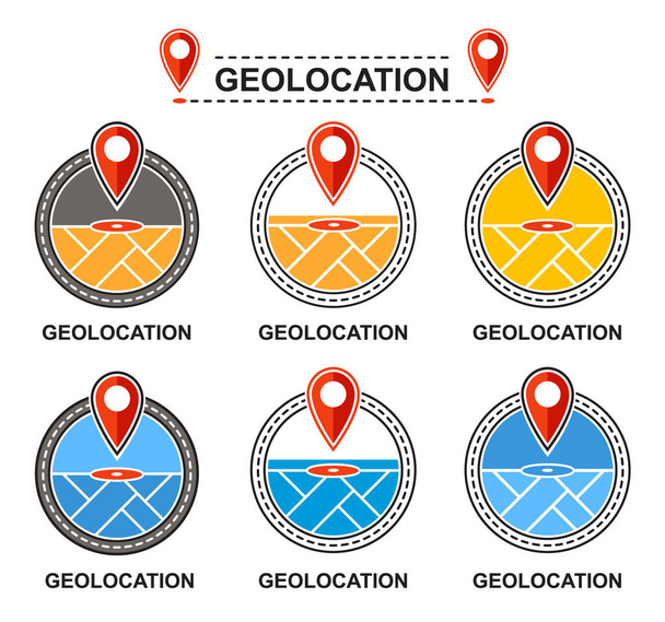 Geolokační mapa pin pointer, GPS navigace, cestovní poloha bod na silnici ikona nastavena. Značka Směr nebo město, navigátor. Sledování transportní trasy, prohledávání místa na cestě. Vzdálenost, Geotagu. Přestěhovali jsme se. Cílový přesný vektor - Vektor, obrázek