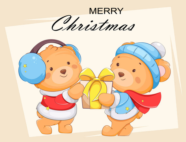Feliz Navidad y Feliz Año Nuevo tarjeta de felicitación. Dos lindos osos personajes de dibujos animados con caja de regalo. Stock vector ilustración - Vector, imagen
