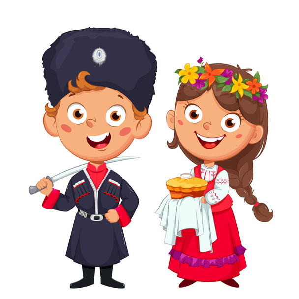 Kozak en meisje, leuke jongen en meisje in de nationale kostuums van Rusland. Vrolijke stripfiguur. Voorraadvector illustratie - Vector, afbeelding