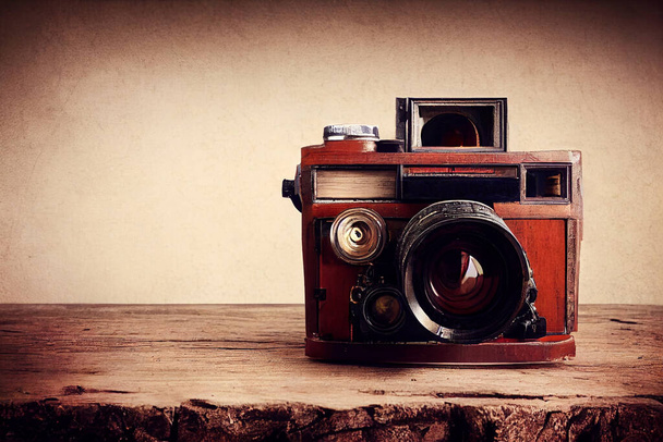 Câmera vintage em uma mesa de madeira, cores vintage e atmosfera. Ilustração de alta qualidade - Foto, Imagem