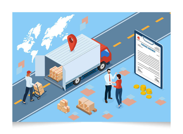 3D isometric Export and Import Business concept with Businessmen handshake and deal business in front of a contract document at industrial container terminal. Vector illustration eps10 - Vector, Image