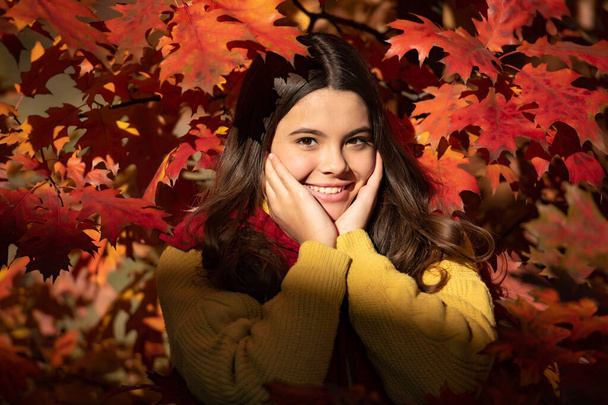 Autumn kid girl face on autumn fall leaf background. positive child standing at beautiful autumn leaves. - Foto, Imagen