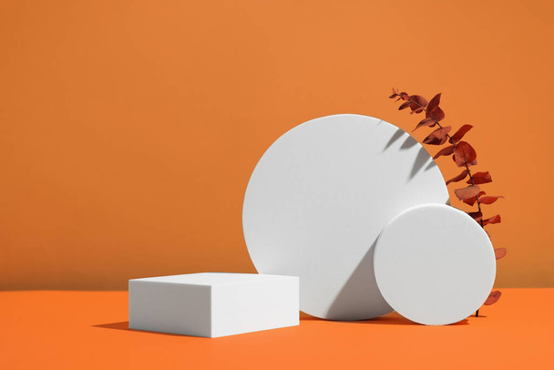 Scene with podium for product presentation. Figures of different geometric shapes and dry eucalyptus branch on orange background - Foto, immagini