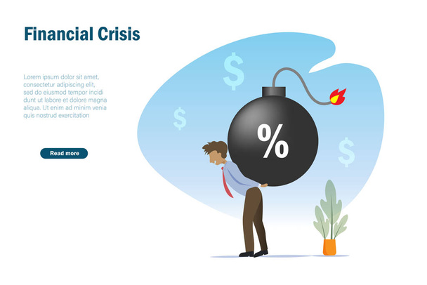 Businessman carry percent interest debt bomb on back. Financial crisis with high cost of living, bill expense payment and debt stress. - Vector, Image